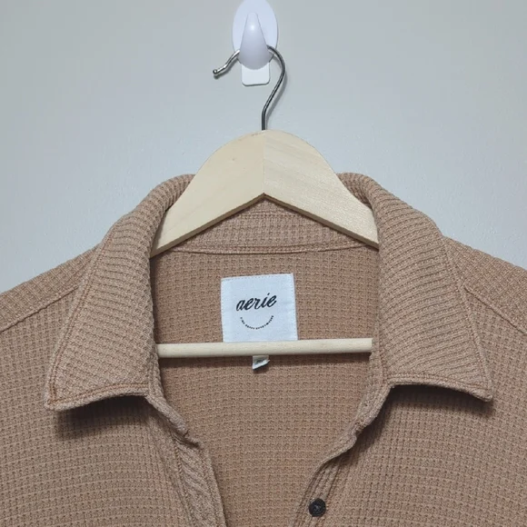 Aerie LumberJane Waffle Shirt Cappuccino Tan Button Up Oversized Relaxed XL - Picture 6 of 16